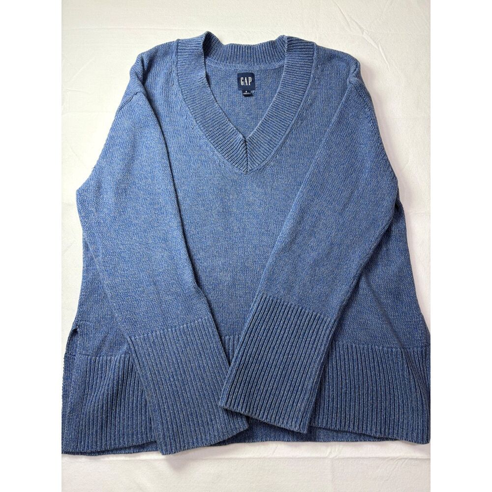 GAP Cotton V Neck Oversized Sweater Blue Heather Side Slits Knit Womens Small